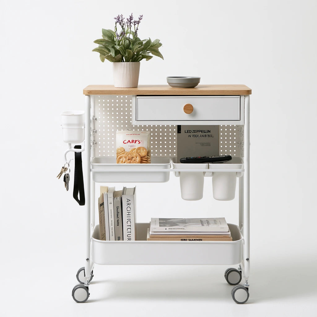 Carrello portaoggetti in metallo su ruote a tre livelli, colore bianco