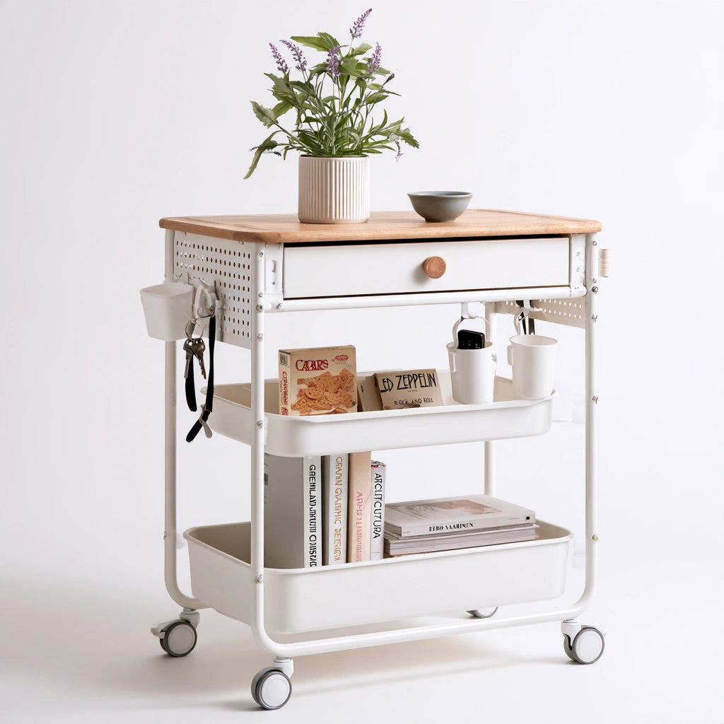 Carrello portaoggetti in metallo su ruote a tre livelli, colore bianco